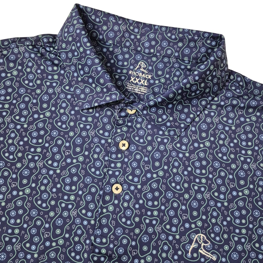 Rhoback Polo Shirt Mens 3XL Navy Blue Golf Course Print Performance Stretch Logo
